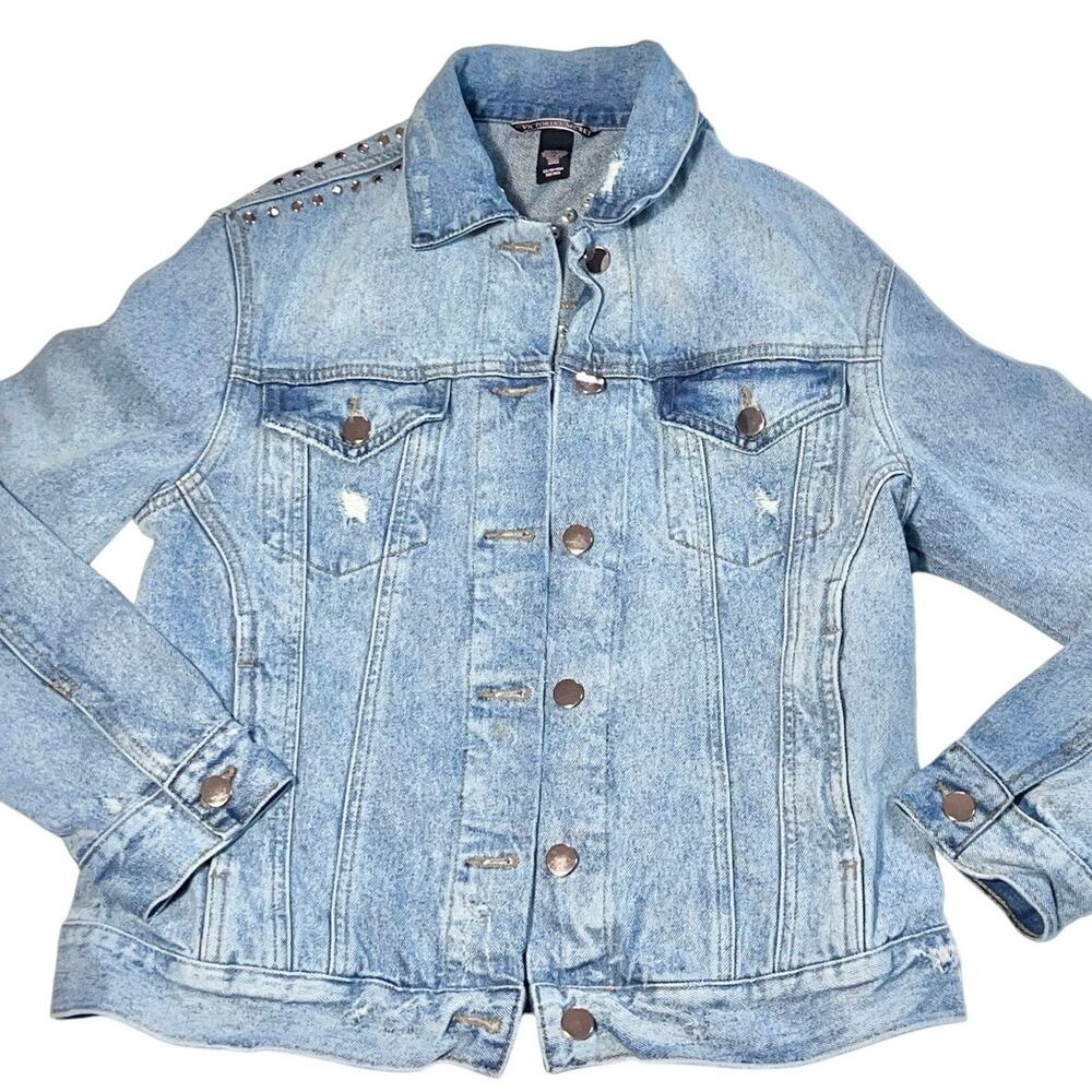 Victoria's Secret Jean Denim Jacket Women XS Blue Washed Studded Design